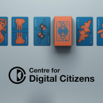 Image representing the Centre for Digital Citizens, showing the name and logo of the centre and a series of hand illustrated blue and orange cards - with images of animals and prompts such as "politics" or "ecology" or "culture", from a deck created for the project.