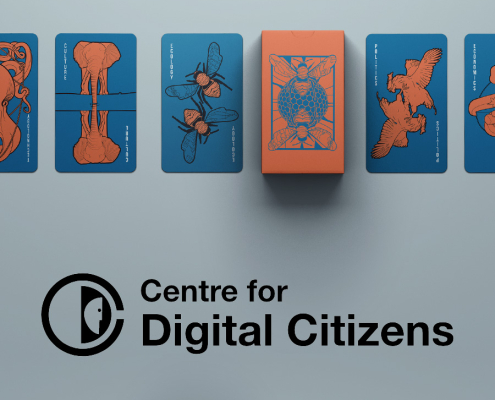 Image representing the Centre for Digital Citizens, showing the name and logo of the centre and a series of hand illustrated blue and orange cards - with images of animals and prompts such as "politics" or "ecology" or "culture", from a deck created for the project.